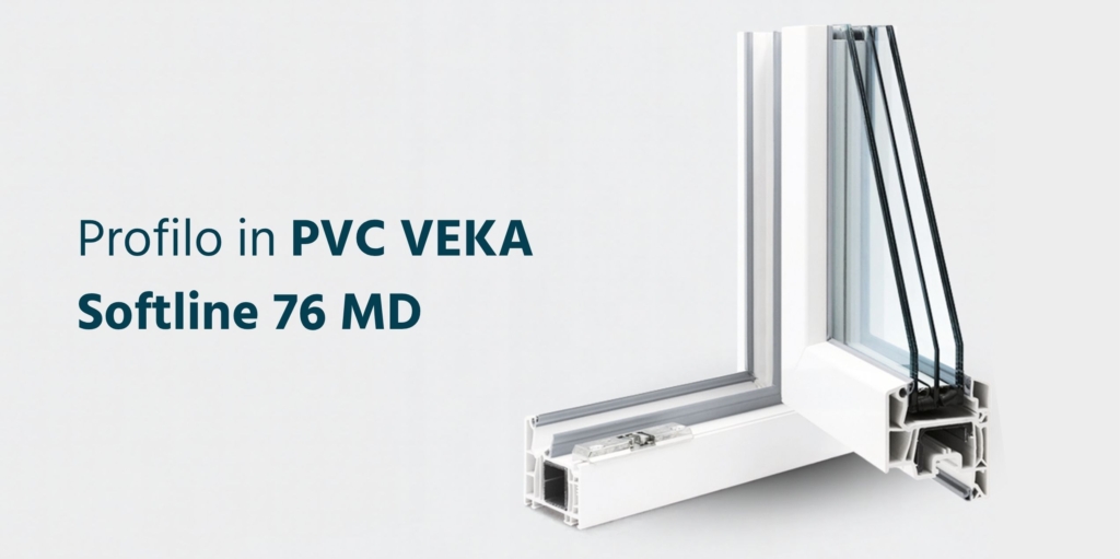 Sezione del profilo in PVC VEKA Softline 76 MD con struttura multicamera e triplo vetro
