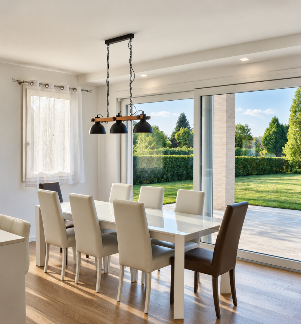 Sala da pranzo con grande vetrata sul giardino
