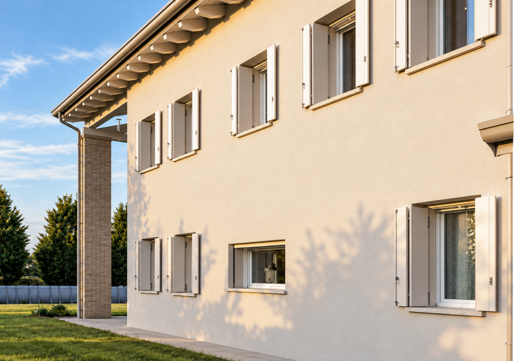 Facciata di Casa G.M. con finestre e scuri bianchi