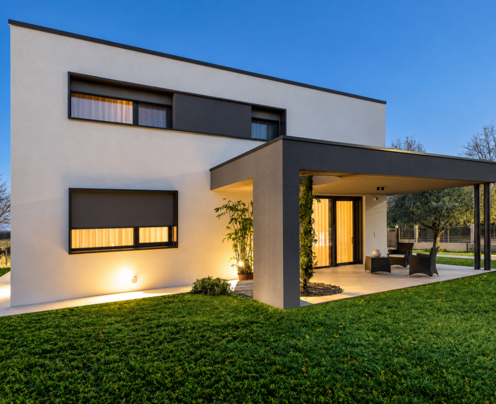 Casa M.C. al tramonto: villa con portico e serramenti in PVC Veka scuri