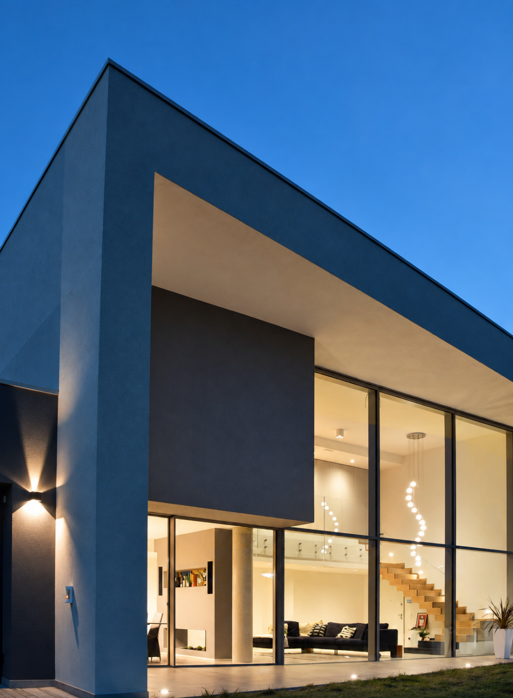 Volume blu sporgente e vetrate illuminate di Casa S.L. al tramonto