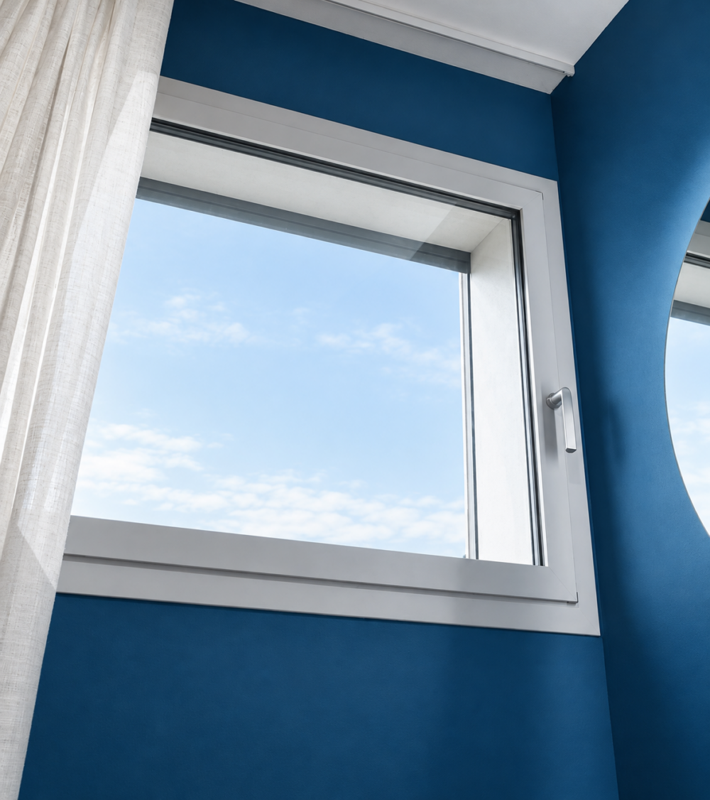 Finestra in alluminio su parete blu in un interno di Casa S.L.