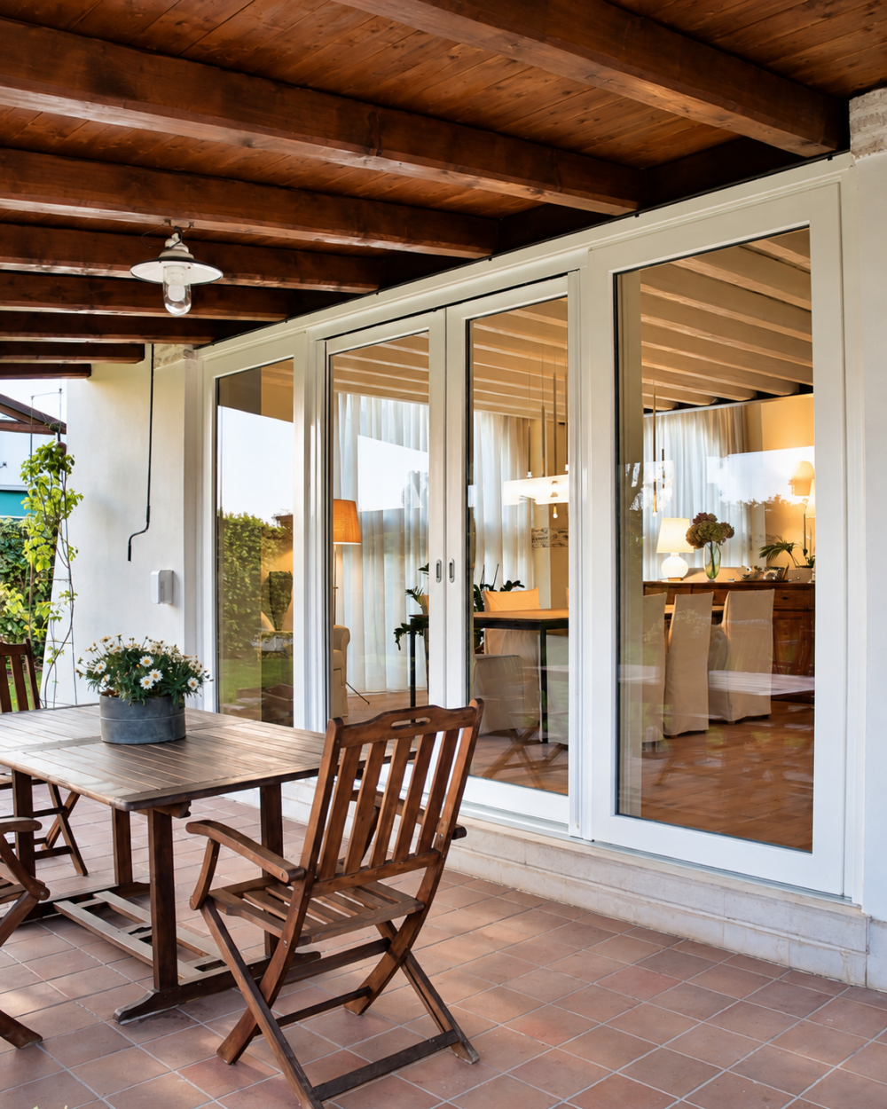 Veranda con portefinestre in PVC bianco e pavimento in cotto