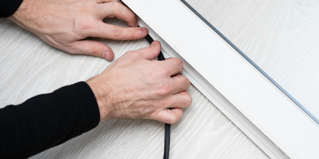 Dettaglio della guarnizione lungo il telaio di una finestra in PVC aperta